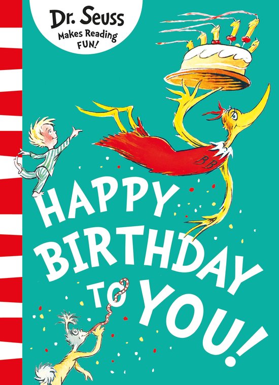 Livre pour enfants Dr. Seuss 'Happy Birthday to You!' avec des illustrations joyeuses d'un oiseau volant portant un gâteau et des confettis.