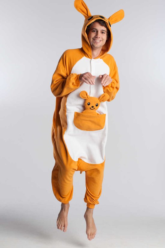 KIMU® Onesie Kangoeroe Pak - Maat M-L of 170-176 - Kangoeroepak Kostuum Oranje Buidel - Jumpsuit Zacht Huispak Dierenpak Pyjama Dames Heren Festival