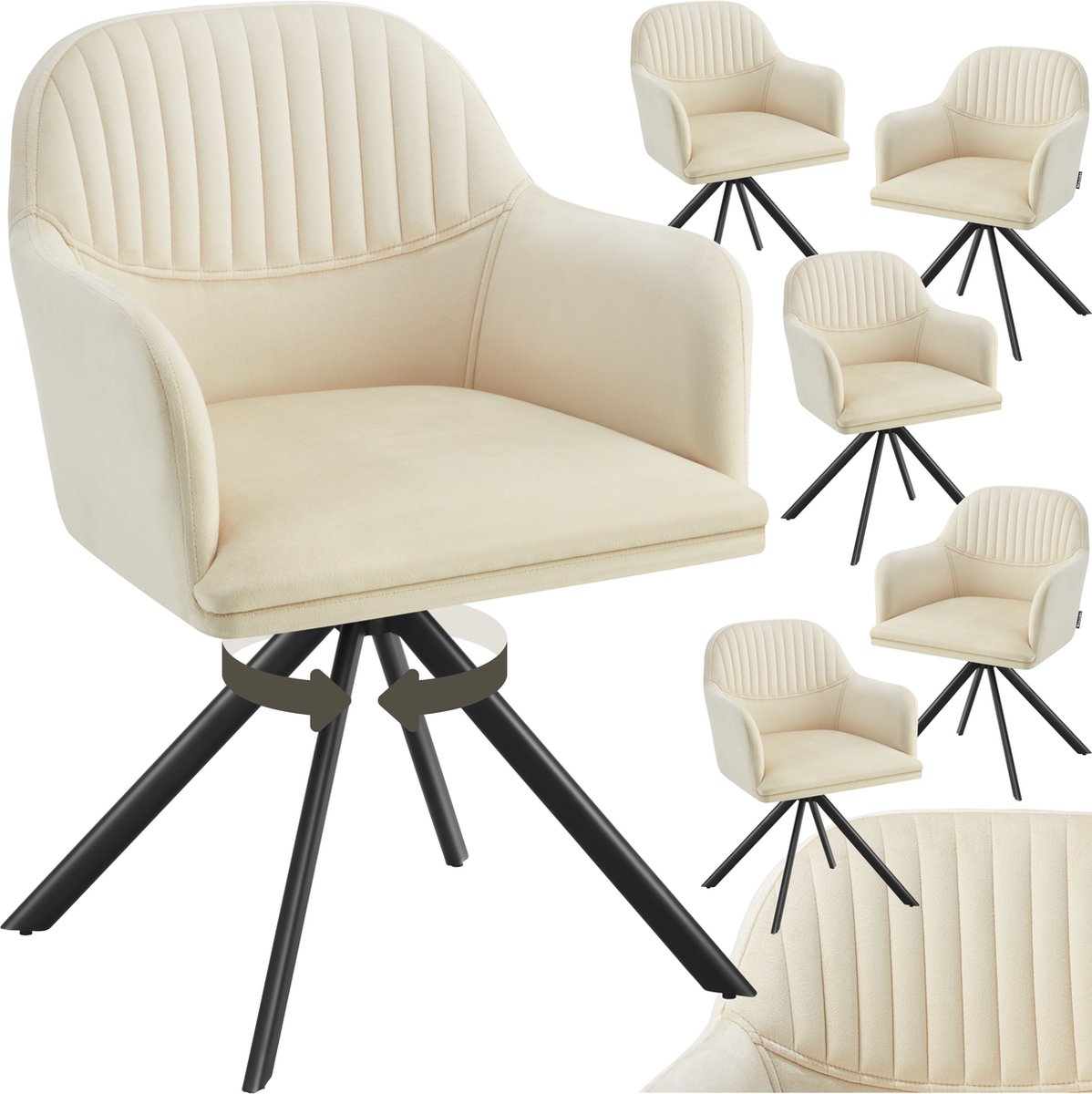 Tectake Fluwelen draaistoel - Bureaustoel - Eetkamerstoel met armleuningen - Fluwelen bureaustoel, keukenstoel, woonkamerstoel - 56 x 59 x 81 cm - Set van 6 - Creme/zwart