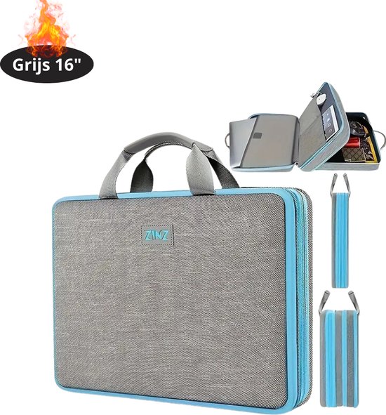 Sacoche antichoc pour ordinateur portable Livano - Housse pour ordinateur portable - Sac à dos - Sac à bandoulière - Sac de bureau - Femme et homme - 16 pouces - Grijs/ Blauw
