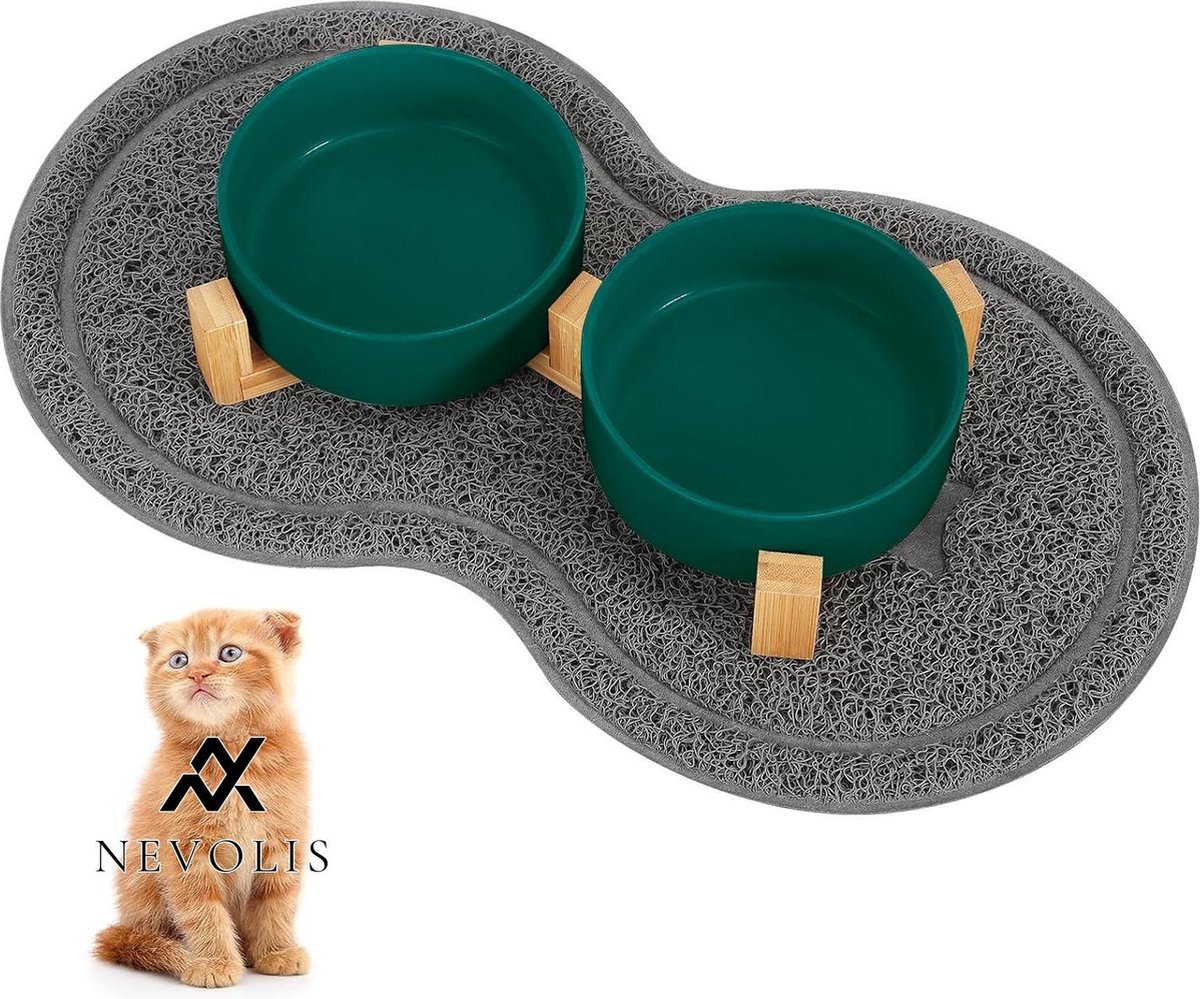 Nevolis Ceramic Feeding Bowls - 2 x 400 ml with Bamboo Stand and Non-Slip Anti-Leak Pads for Cats and Small Dogs Green .