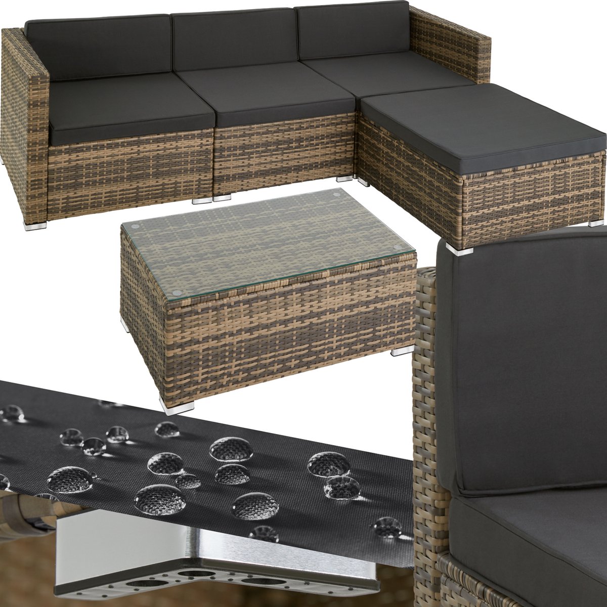 Tectake® - Wicker lounge set met zitkussens en glazen tafel - Naturel poly-rattan