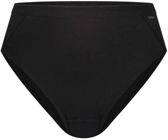 Zwarte damesbroek met hoge taille en hoge beenuitsnijding, gemaakt van stretchkatoen.