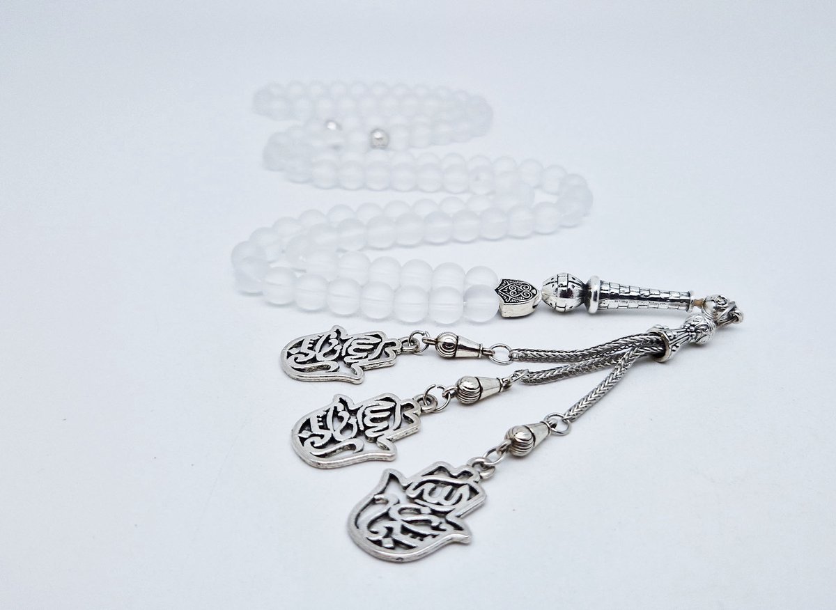 Handgemaakte tesbih "Tasbih" natuursteen "Selenite" - Aantal kralen 99 - Diameter kralen 8MM - met metaal tassel "Maryams handpalm" - Een mooi cadeau-idee