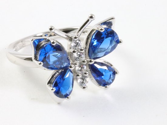 Bague papillon en argent brillant avec saphir bleu et topaze blanche - taille 18,5