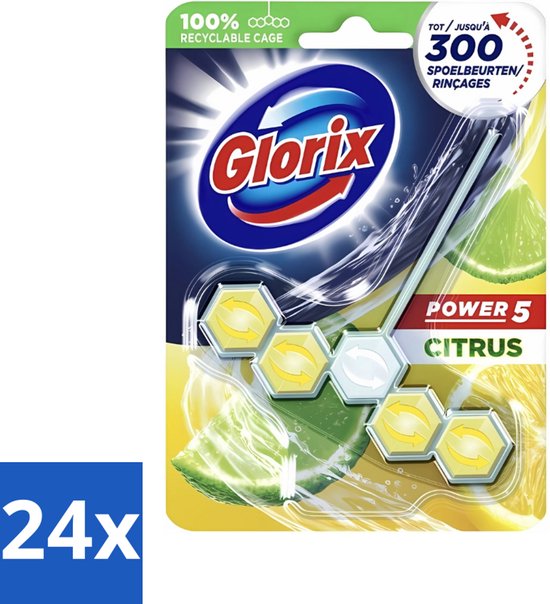 Glorix - Toiletblok - Power 5 - Lemon - Citroenfris & Hygiënisch - 55 g - Voordeelverpakking - 24 stuks