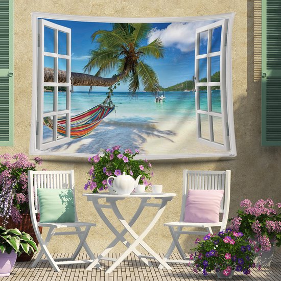 Ulticool View Beach Sea Palm Tree - Affiche Tapisserie - 200x150 cm - Groot tapisserie - Affiche Jardin Tapisserie