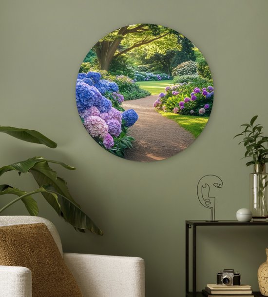 WallCircle® Wandcirkel 60x60 cm - Muurcirkel Hortensia- Park - Pad - Muurdecoratie woonkamer - Wanddecoratie slaapkamer - Kamer decoratie accessoires - Ronde schilderijen