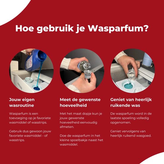 Drie afbeeldingen van het gebruik van wasparfum: toevoegen aan wasmachine, doseren in dopje, toevoegen aan spoelbakje. Vergelijking met 'Anderen' met vinkjes en kruisjes.