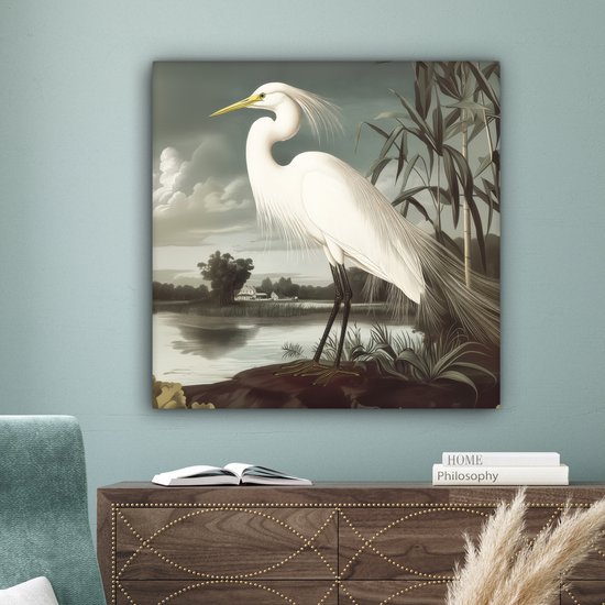 Tableau sur toile 90x90 cm - Décoration murale Héron - Plantes - Nuages ​​- Wit - Décoration murale salon - Décoration chambre - Accessoires chambre - Peintures sur toile