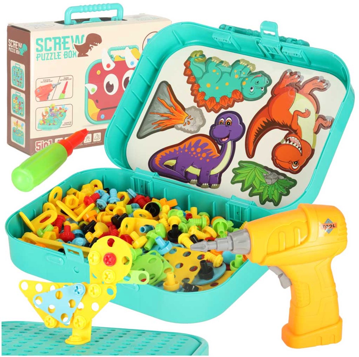 Playos® - Constructiespeelgoed - Dino - 285 delig - in Koffer - met Elektrische Schroevendraaier - Speelgoedkoffer - Met schroevendraaier - Bouwen - Montessori Speelgoed - Educatief Speelgoed