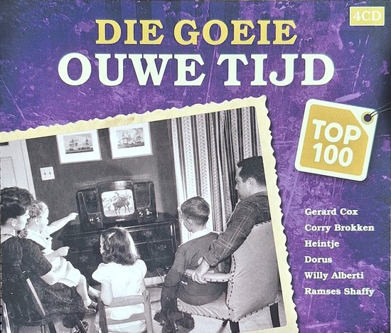 Gezin kijkt naar een zwart-wit tv, met de titel "Die Goeie Ouwe Tijd Top 100".
