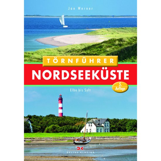 Boek "Törnführer Nordseeküste" met op de cover een bochtige kustlijn, een zeilboot op zee, en een vuurtoren en landhuis aan de kust.