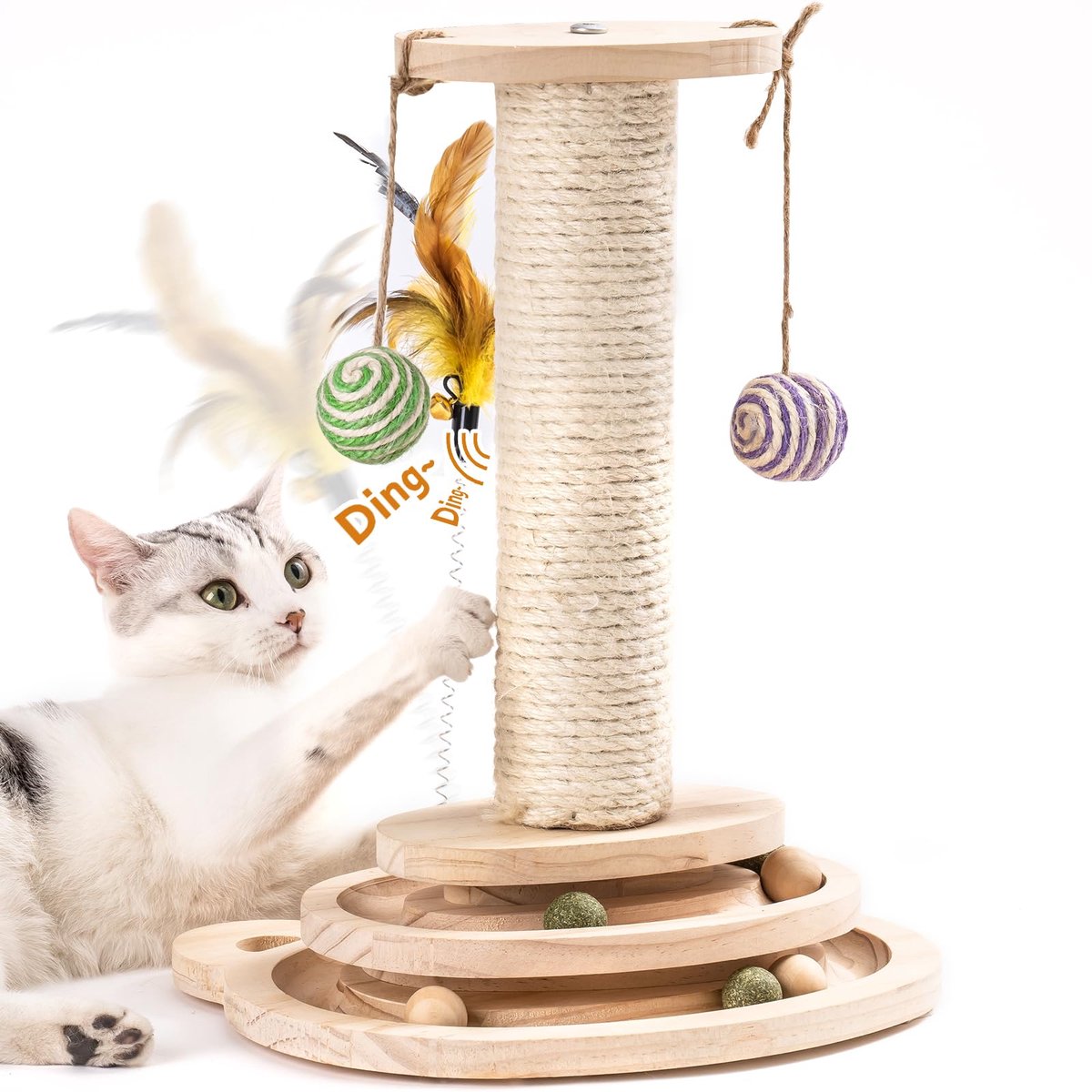 My Ninki ® Interactief Houten Kattenspeelgoed met 2-Laags Draaiplateau en Veelzijdige Speelmogelijkheden