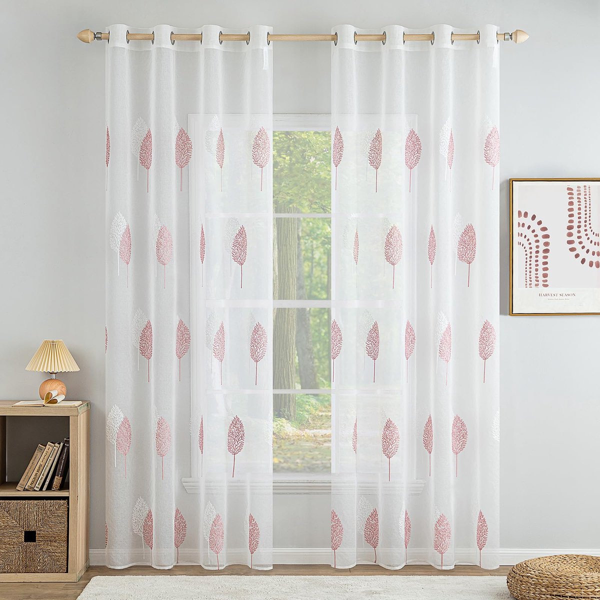 My Ninki ® Gordijnen met Roze en Wit Bladerpatroon, Transparant en Modern, Set van 2, Hoogte 245 cm