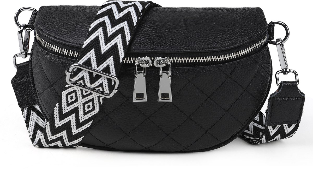 TAN.TOMI Dames Schoudertas – Trendy Leren Crossbody Tas – Kleine Damestas met Ritssluiting & Verstelbare Bag Strap – Zwart met Goudkleurige Hardware
