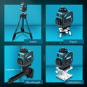 Vier weergaven van de ProXtar kruislijnlaser op een statief, een tripod, een muurbeugel en een hefplatform.