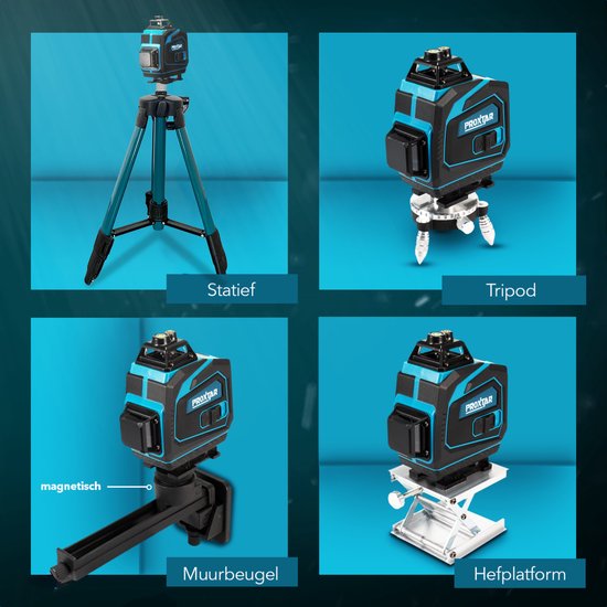 Vier weergaven van de ProXtar kruislijnlaser op een statief, een tripod, een muurbeugel en een hefplatform.