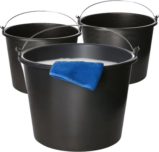 Lot de 5 seaux ménagers robustes de 12 litres - Seau de nettoyage - Seau de chantier - Zwart