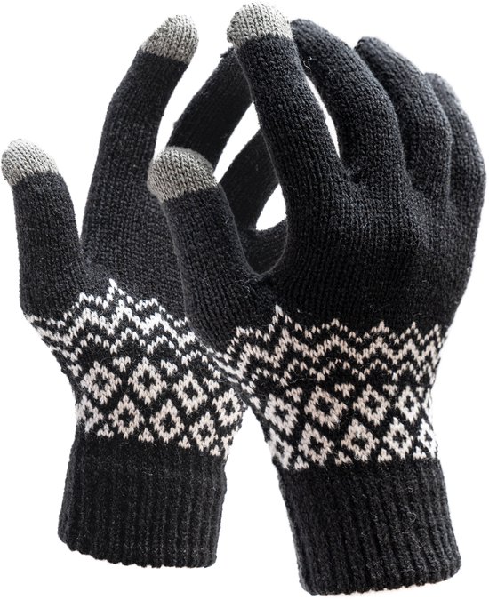 Paar zwarte gebreide handschoenen met wit Noors patroon en grijze vingertoppen.