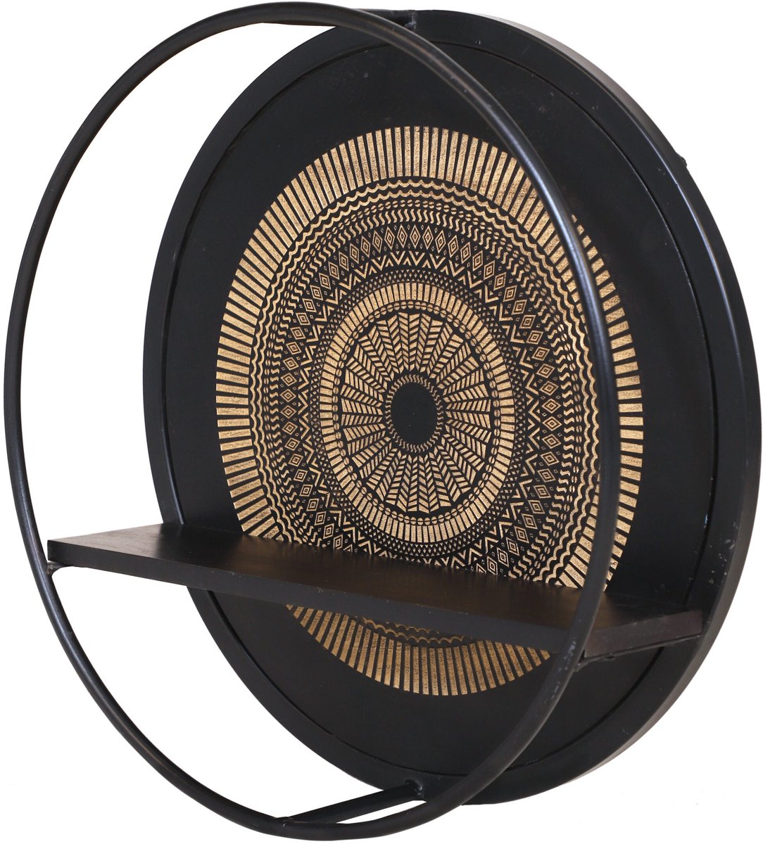 Wandrek Rond Zwart Metaal - Wandrek Industrieel Hout - Wandplank zwevend - Fotoplank Wandkast - Keuken / Hal / Woonkamer - Wandrek Hangend - Ø 53 cm - Industrieel Wandrek Rond - Mangohout / Staal