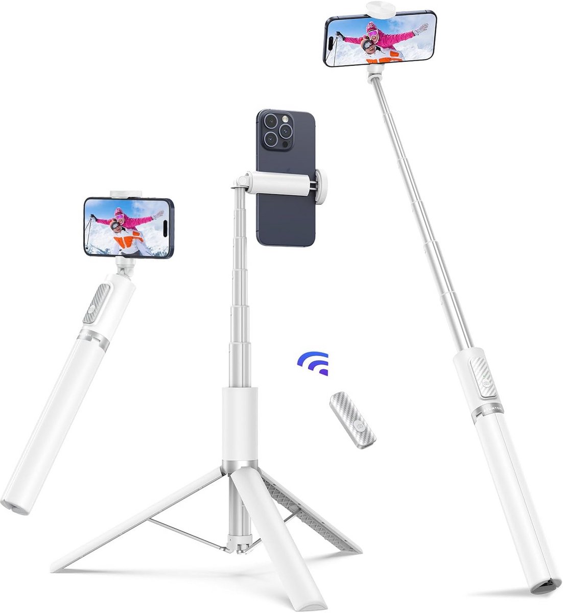 174cm Selfie Stick Tripod Statief met Bluetooth-afstandsbediening- Oplaadbaar- iPhone Android - Reizen Vloggen Video Foto - Wit selfie stick voor mobiele telefoon