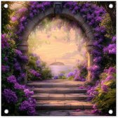 Tuinposter 50x50 cm - Tuindecoratie Poort - Paars - Bloemen - Poster voor in de tuin - Buiten decoratie - Schutting tuinschilderij - Tuindoek muurdecoratie - Wanddecoratie balkondoek
