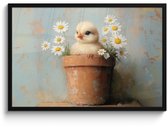 Affiche encadrée - Cadre photo 90x60 cm - Posters - Pot de fleurs - Poussin - Fleurs - Cadre affiche noir - Décoration - Décoration murale salon - Décoration murale chambre