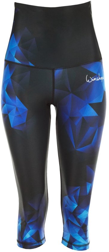 Zwarte 3/4-legging met een geometrisch patroon in verschillende tinten blauw en een hoge taille.