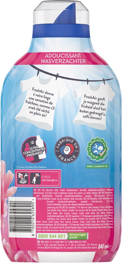 Arrière d'une bouteille de Lenor Fresh Air avec instructions de lavage et ingrédients.