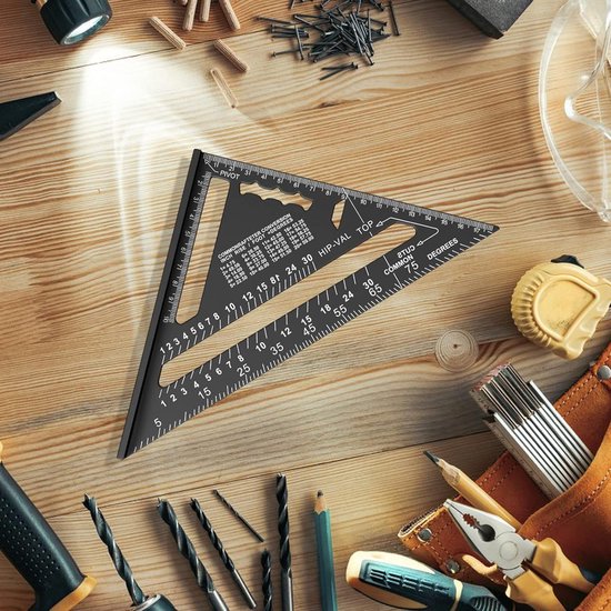 Équerre de charpentier 180 mm - Règle en aluminium - Équerre de charpentier triangulaire 45/90 degrés - Outil de mesure de haute précision - Pour charpentier, couvreur, ingénieur - Zwart