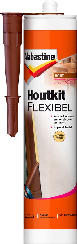 Alabastine Flexibele Houtkit in naturel kleur. Geschikt voor kieren en naden. Inclusief bruine spuitmond.