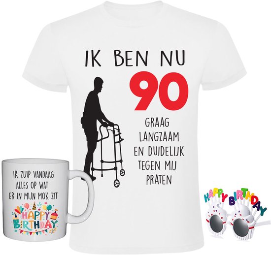 90 Jaar Verjaardag Heren T-shirt met Mok + Feestbril
