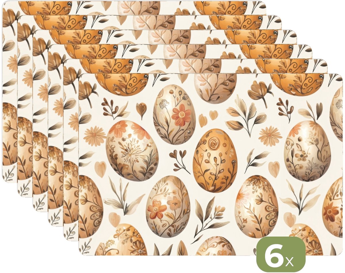Placemats - 6 stuks - 45x30 cm - Placemat kunststof - Paaseieren - Bruin - Bloemen - Borden onderleggers - Decoratie voor op tafel - Keuken tafeldecoratie accessoires - Vinyl onderlegger - Tafelversiering - Pasen - Paasdecoratie - Paas versiering