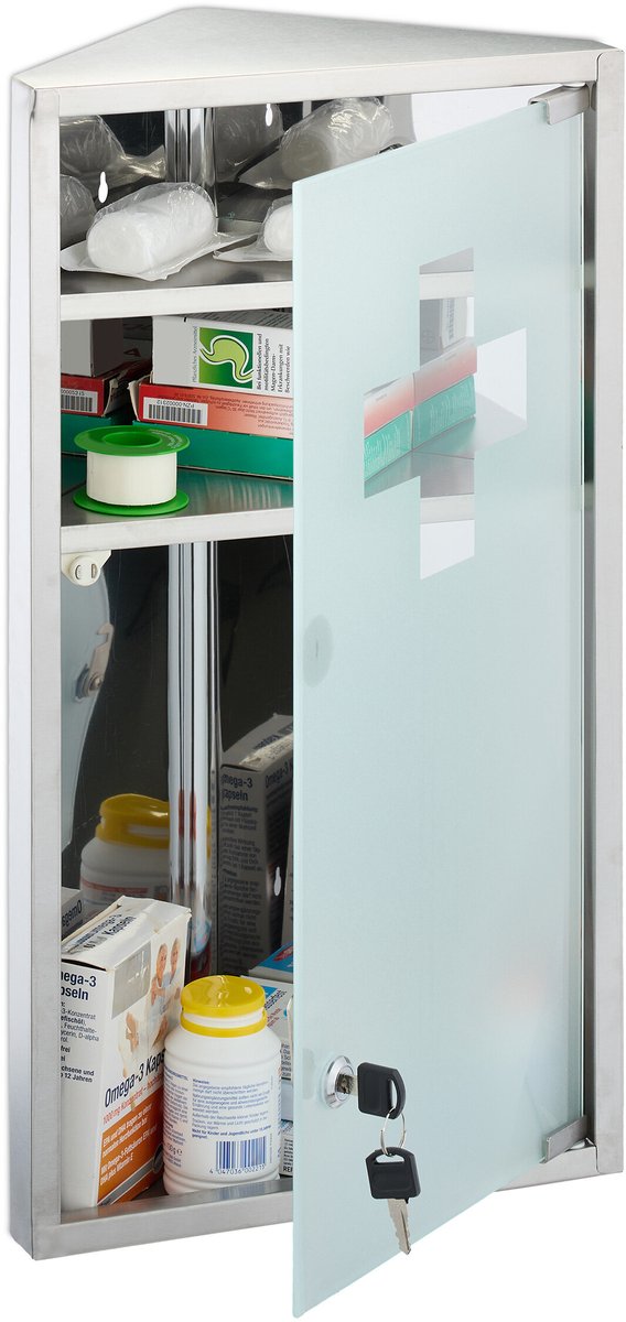medicijnkastje met slot - 56 x 30 x 18 cm - voor hoek - glazen deur - rvs