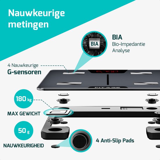 FITAGE Weegschaal Personenweegschaal Digitaal - Slimme Weegschaal met 17x Lichaamsanalyse - Weegschalen - FITAGE App
