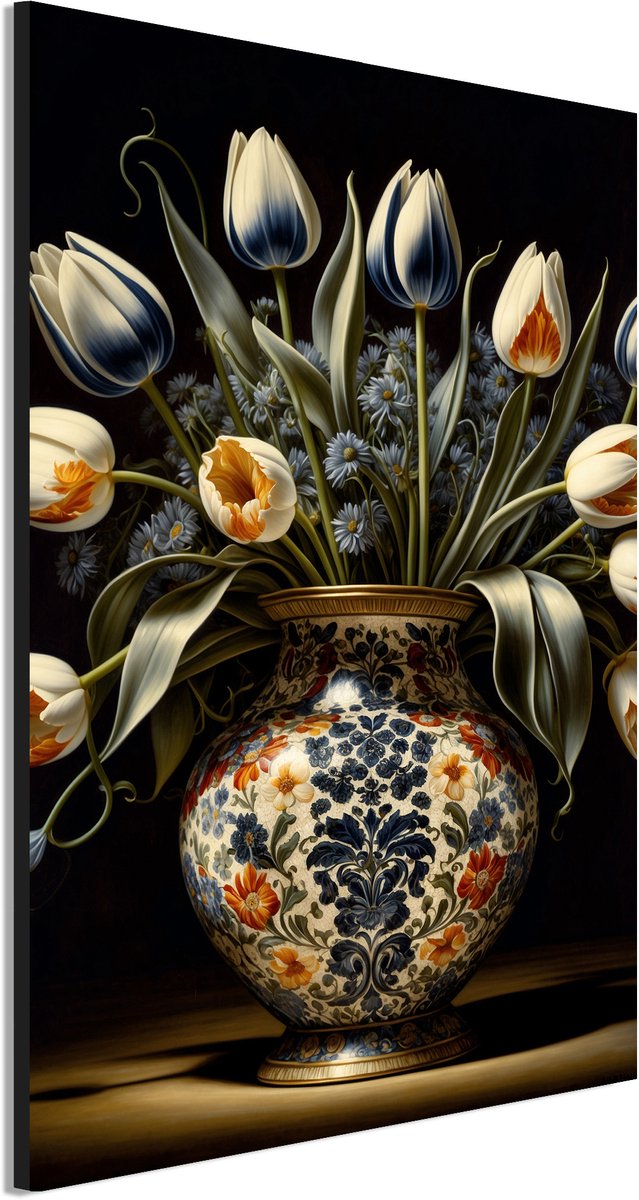 Wanddecoratie Metaal - Aluminium Schilderij Tulpen in Delftsblauw - 30 x 20 cm - Vaas - Muurdecoratie woonkamer en slaapkamer - Inclusief ophangsysteem - Klassiek - Modern - Displate alternatief