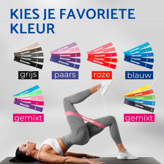 Een vrouw in grijze sportkleding doet een heupbrug met een roze weerstandsband. Vlakken tonen grijze, paarse, roze, blauwe en gemixte banden.