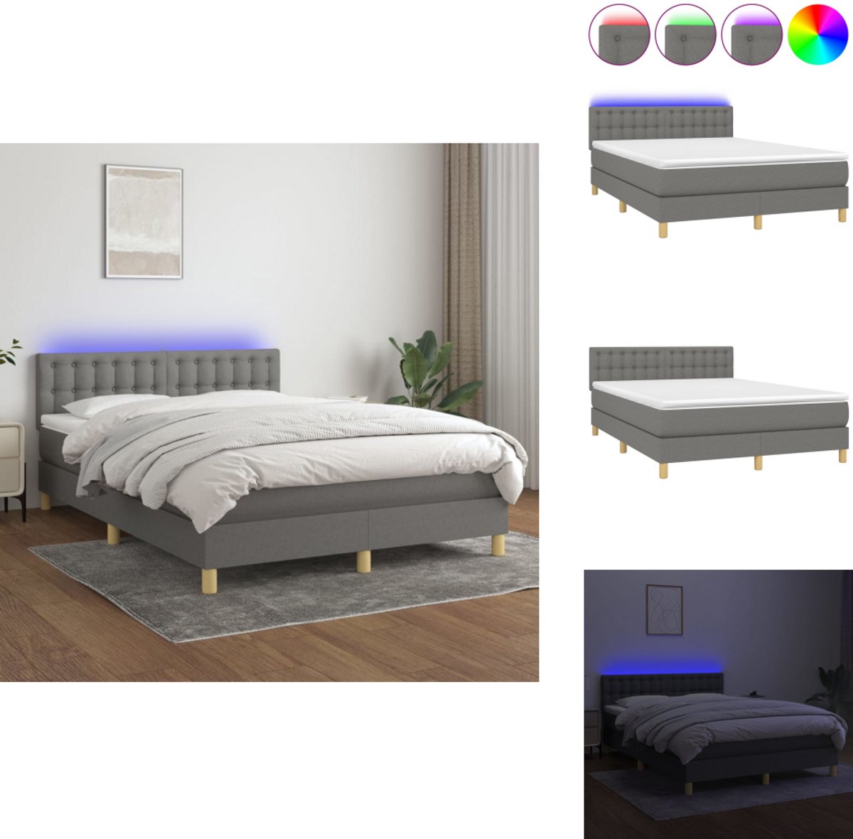 vidaXL Boxspring - Boxsprings - Bed - Slaapmeubel - Boxspring met matras en LED stof donkergrijs 140x190 cm