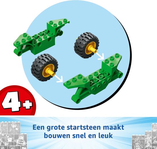 LEGO-onderdelen om een groene voertuig te bouwen met twee wielen. Tekst: 'Een grote startsteen maakt bouwen snel en leuk'.