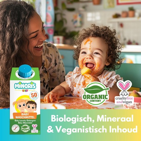 Minoris Baby Wasmiddel, 50 Wasbeurten, 1L – Hypoallergeen, Biologisch, Vegan, Dierproefvrij, Zacht voor Gevoelige Huid, Biologisch Afbreekbare Formule, Geconcentreerde Natuurlijke Babytextielreiniger