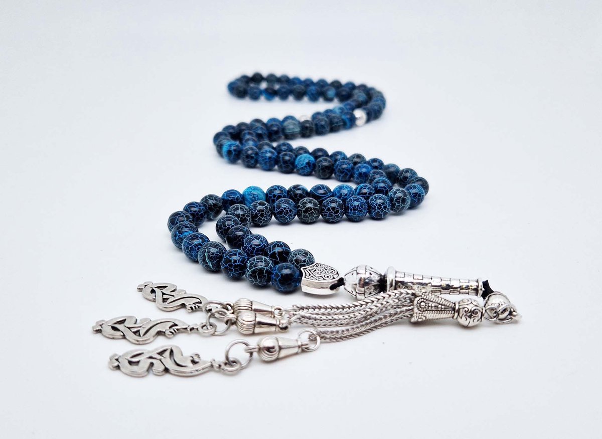 Handgemaakte tesbih "Tasbih" natuursteen " Blauwe harmonie" - Aantal kralen 99 - Diameter kralen 8MM - met metaal tassel "Moeder" - Een mooi cadeau-idee