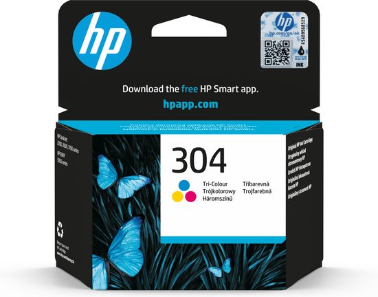 HP 304 Tri-Colour inktcartridge verpakking met vlinders. "Download the HP Smart app. hpapp.com"