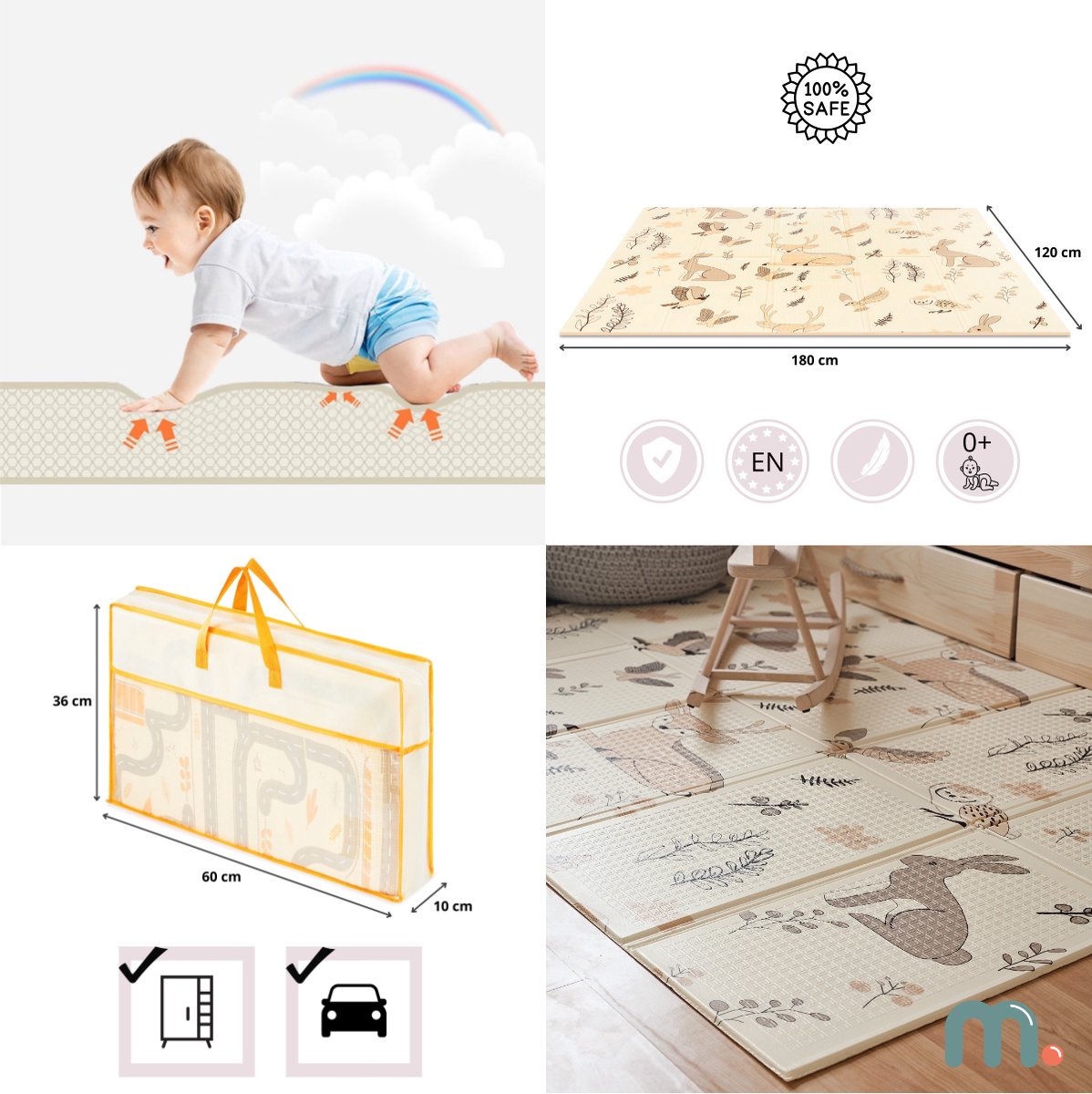 Schuimmat voor Baby's, Dubbelzijdige Opvouwbare Mat Groot 180 x 120 x 1 cm, Boho-stijl Mat voor Kinderkamer, XPE Schuimmat voor Baby — afbeelding 3