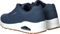 Vue arrière de baskets Skechers bleu marine avec semelles blanches et semelles extérieures couleur gomme.