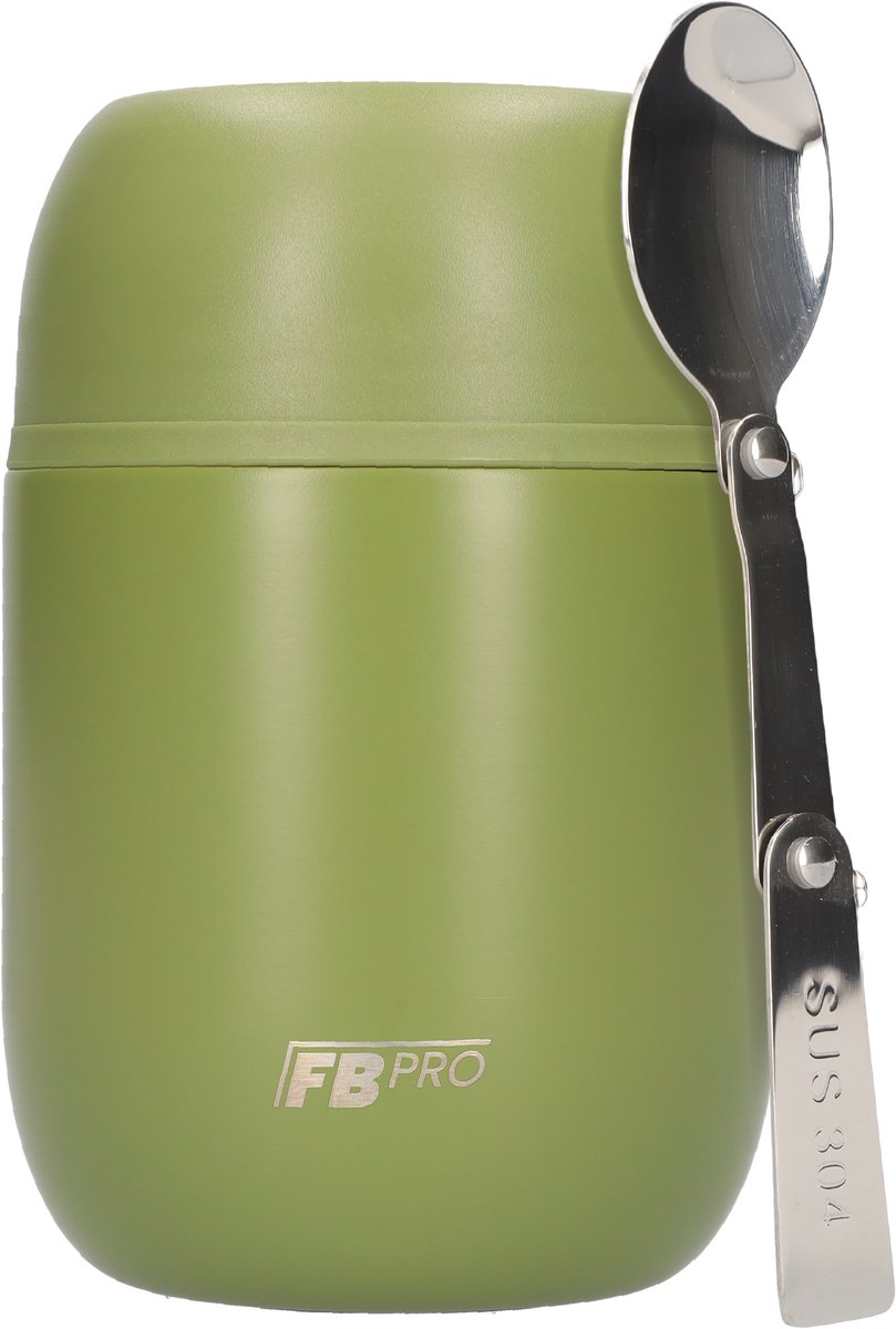 Thermos Voedselcontainer met Lepel - Thermoskan - Voedsel container voor noodles, soep, havermout, ijs, babyvoeding en meer! - Yoghurt beker to go - Thermosbeker voor het meenemen van eten - Legergroen- 420ml