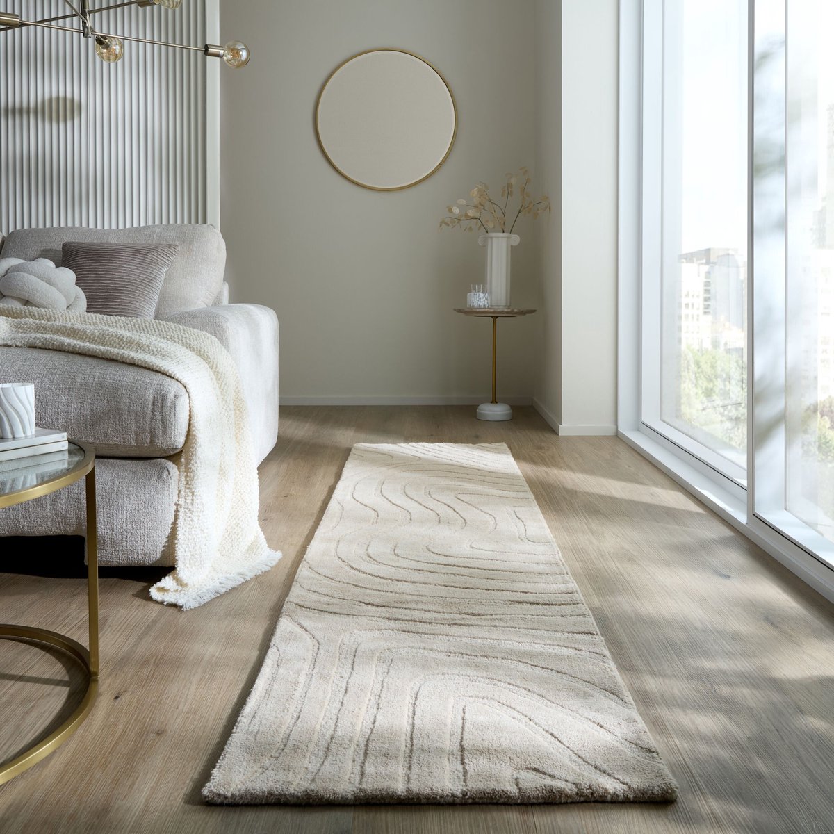 flycarpets Loper Wollen Vloerkleed Mesmerize - Abstract - Naturel / Beige 67x200 cm