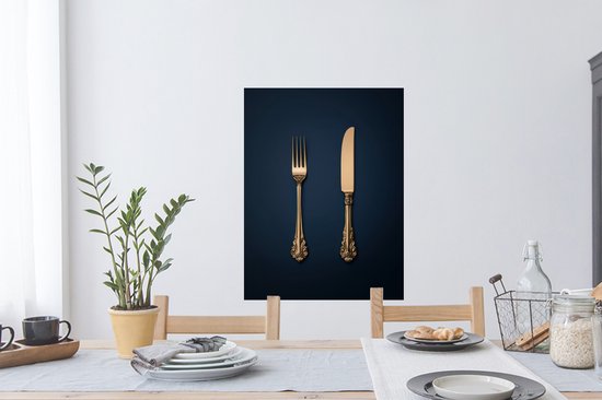 Muurstickers - Sticker Folie - Bestek - Donkerblauw - Goud - 60x80 cm - Plakfolie - Muurstickers Kinderkamer - Zelfklevend Behang - Zelfklevend behangpapier - Stickerfolie