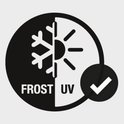 Symbole avec flocon de neige à gauche et soleil rayonnant à droite, avec 'FROST', 'UV' et une coche.