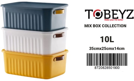 Tobeyz - Opbergbox - Boîte de rangement - Panier de rangement - Opbergbox en plastique sans BPA 10L avec couvercle - Emboîtable et empilable - Idéal pour la salle de bain, la Cuisine et le rangement des jouets - Jaune, Marine, Wit